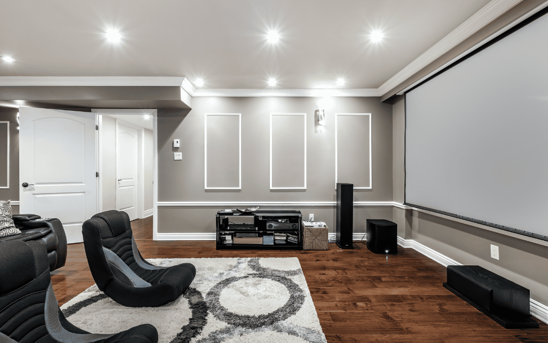 A home theater room with chairs